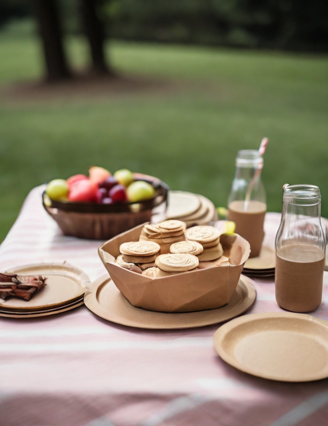 Picnic table with paper plates and glass bottles with chocolate milk